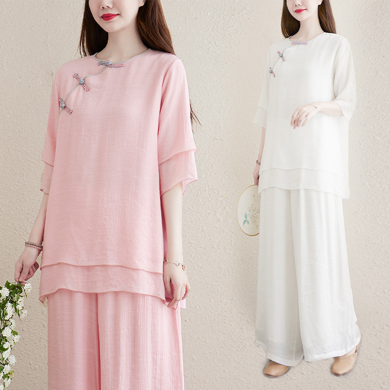 Chinese Style Tang Suit Short-sleeved Suit Women's Vintage Cotton and Linen Zen Tea Suit Zen Suit