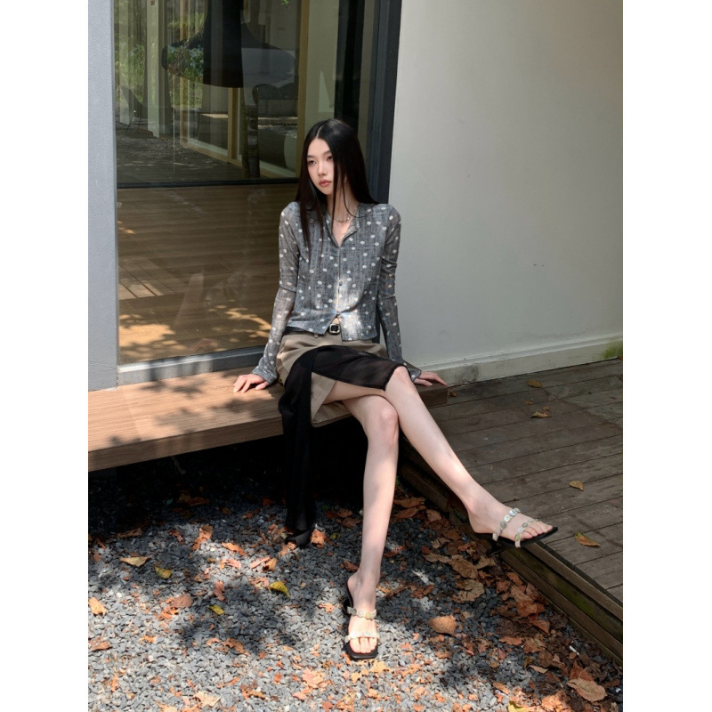 印花波点长袖上衣针织短开衫+流动不规则下摆丝质网纱拼接半身裙|undefined