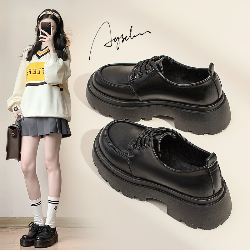 Augu Shiden Black Leather Shoes for Women 2026 New Spring and Summer British Style Thick-Soled Loafers Jk Single Shoes Trendy