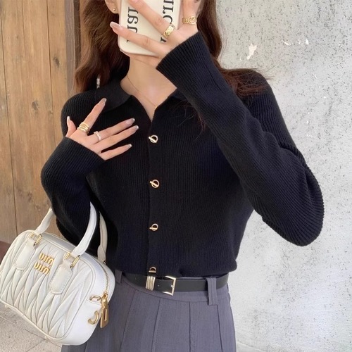 Women's Spring and Autumn Fashion Innerwear Polo Collar Knit Sweater Cardigan
