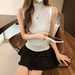 半高领修身纯色无袖针织背心女秋季港味韩系基础中领无袖t恤上衣