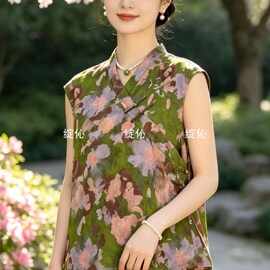 【绿芜花染】新中式装领复古油画花卉斜盘扣国风无袖马甲