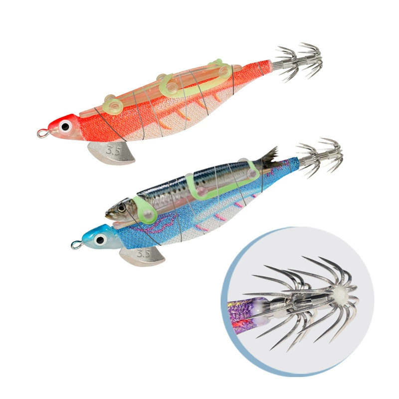 爱路亞 Bundled wooden shrimp 10 packs with bait boxes, can be tied to live fish, squid hook sea fishing weapon, octopus bait