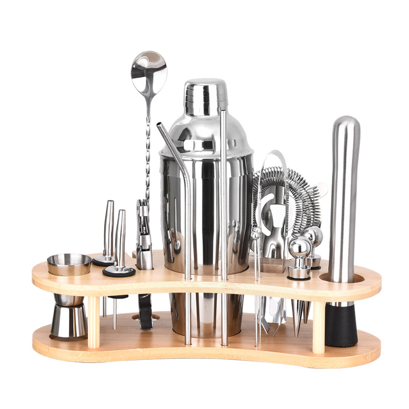Juego de coctelera de acero inoxidable de estilo creativo, estante de bambú para bar, modelo más vendido, venta al por mayor