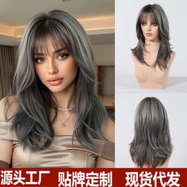跨境欧美偏分蓬松假发女自然深灰色微卷仿真高温丝假发全头套现货