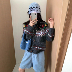 韩系古着感费尔岛提花毛衣开衫外套女秋冬新款慵懒软糯宽松针织衫