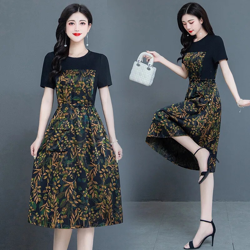 Light Luxury Women's Clothing Middle-aged Mother Elegant dress Women's 2024 Summer New Waist Slimming Short-sleeved Dress