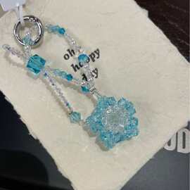 严选ins风冰清透蓝水晶串珠手机链手机挂链少女心雪花吊坠手腕绳