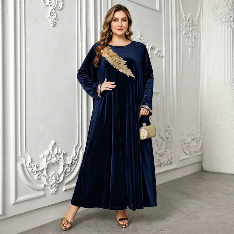 Plus-Size Velvet Robe for Women, Autumn and Winter, with Heavy Gold Feather Beading, Loose Long Gown, Slimming Dress