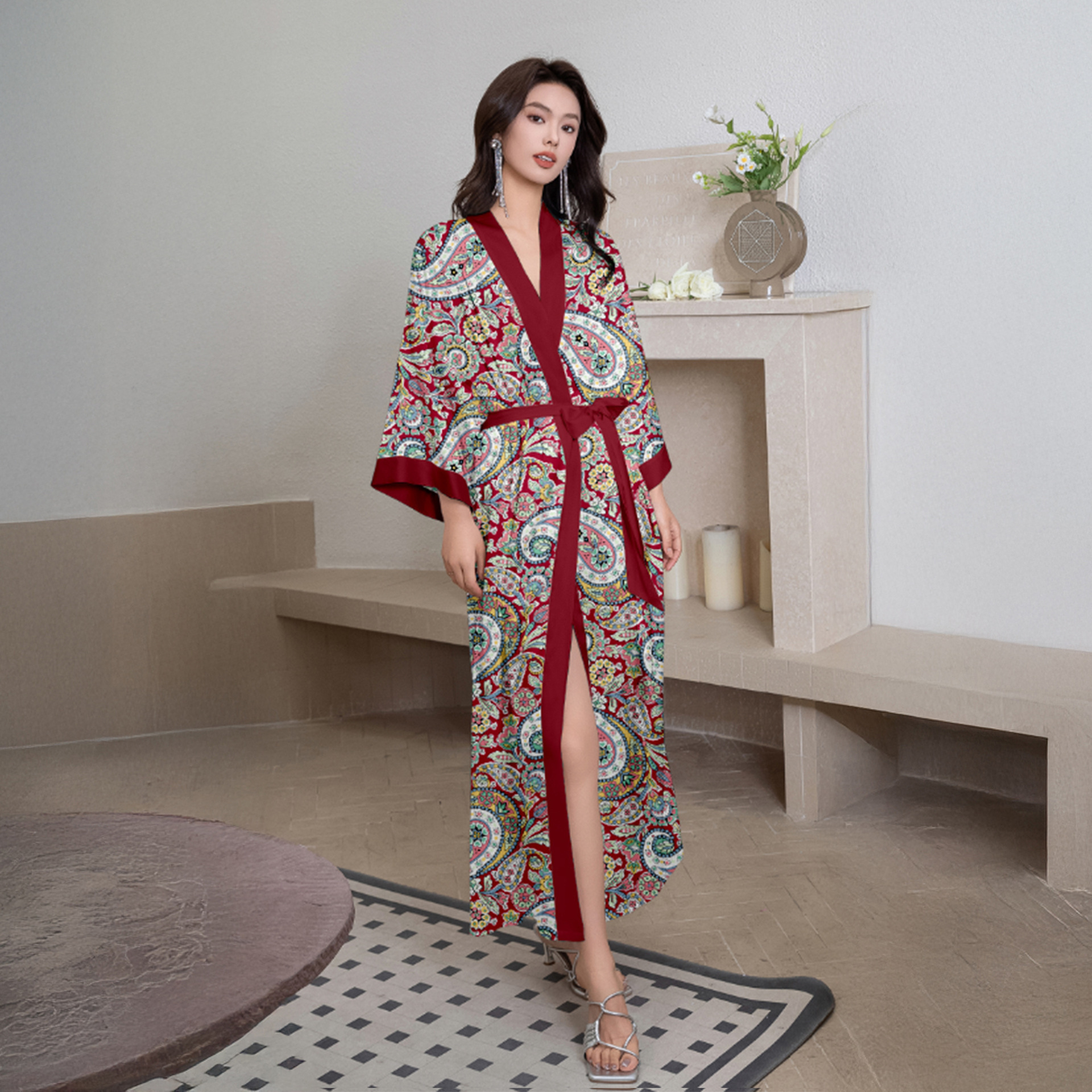 Europa y América transfronterizos pijamas damas satén chiffon imprimido al azar ropa de baño cómoda larga ropa de hogar WP3976