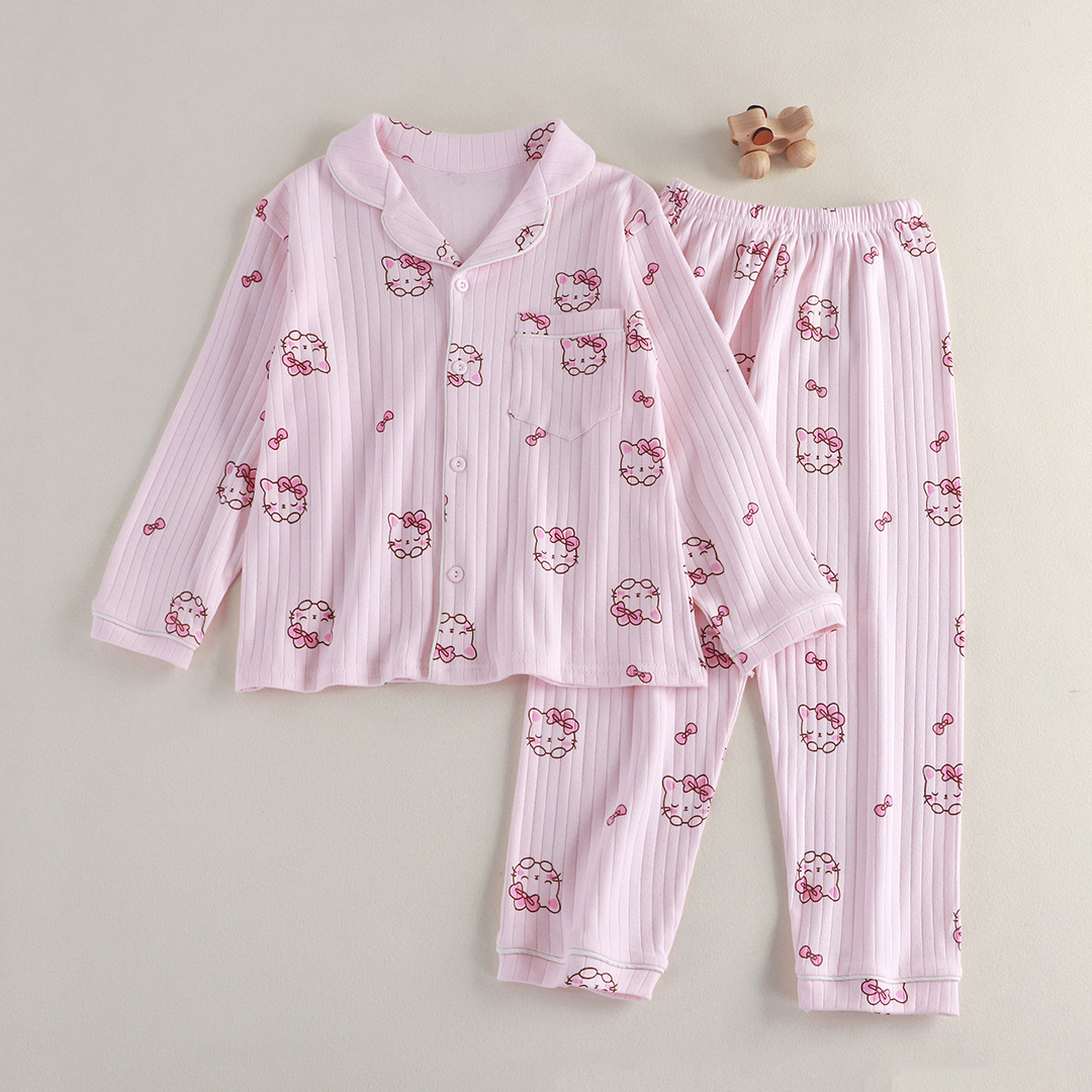 Pijamas de otoño y invierno para niños 40 algodón antibacteriano peinado cardigan de manga larga con collar conjunto de ropa de hogar para hombres y mujeres