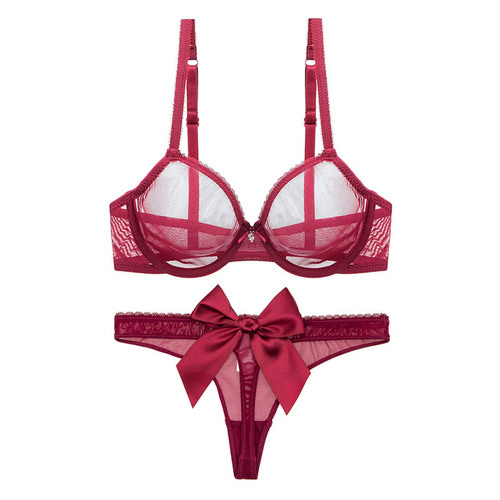 Varsbaby transparent bra mesh breathable underwear set perspective bra thong big bow