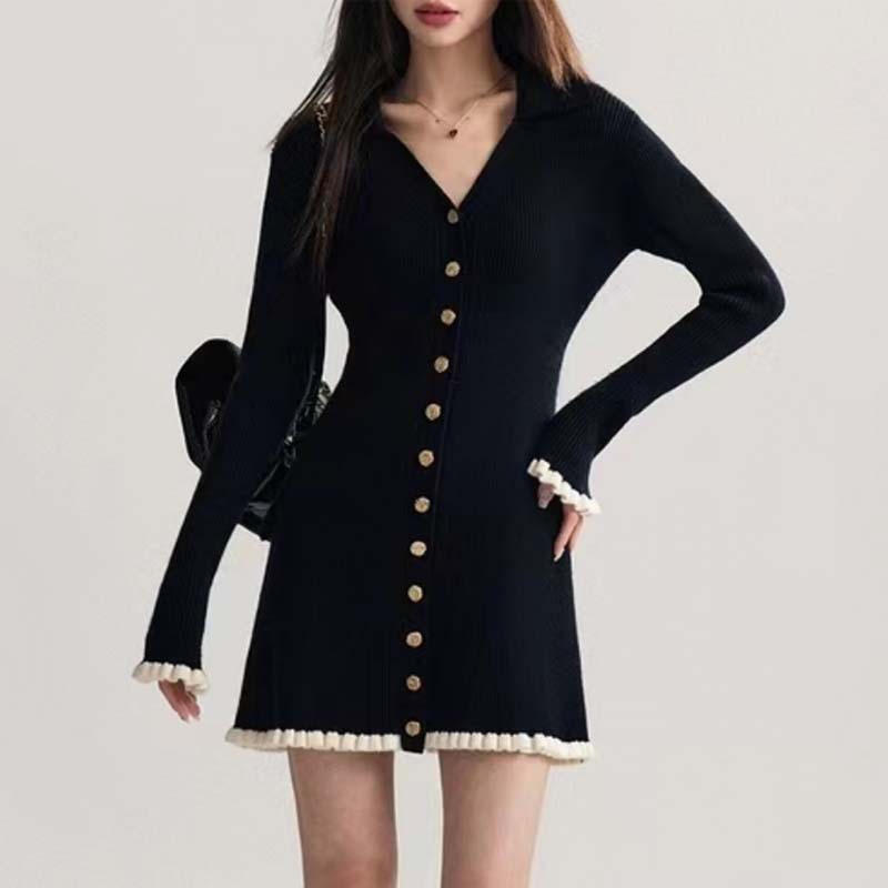 French Style Autumn and Winter New Knitted Dress V-Neck Tweed Style Waist-Cinching Women's High-End Sweater Dress with Ruffled Edges