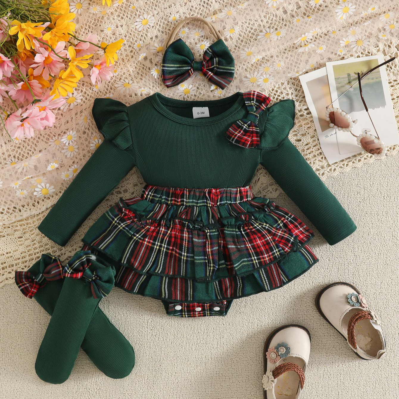 2026 Autumn Amazon New Baby 0-1 Year Old Autumn/Winter Long-Sleeve Romper Dress + Headband + Socks Set of Four