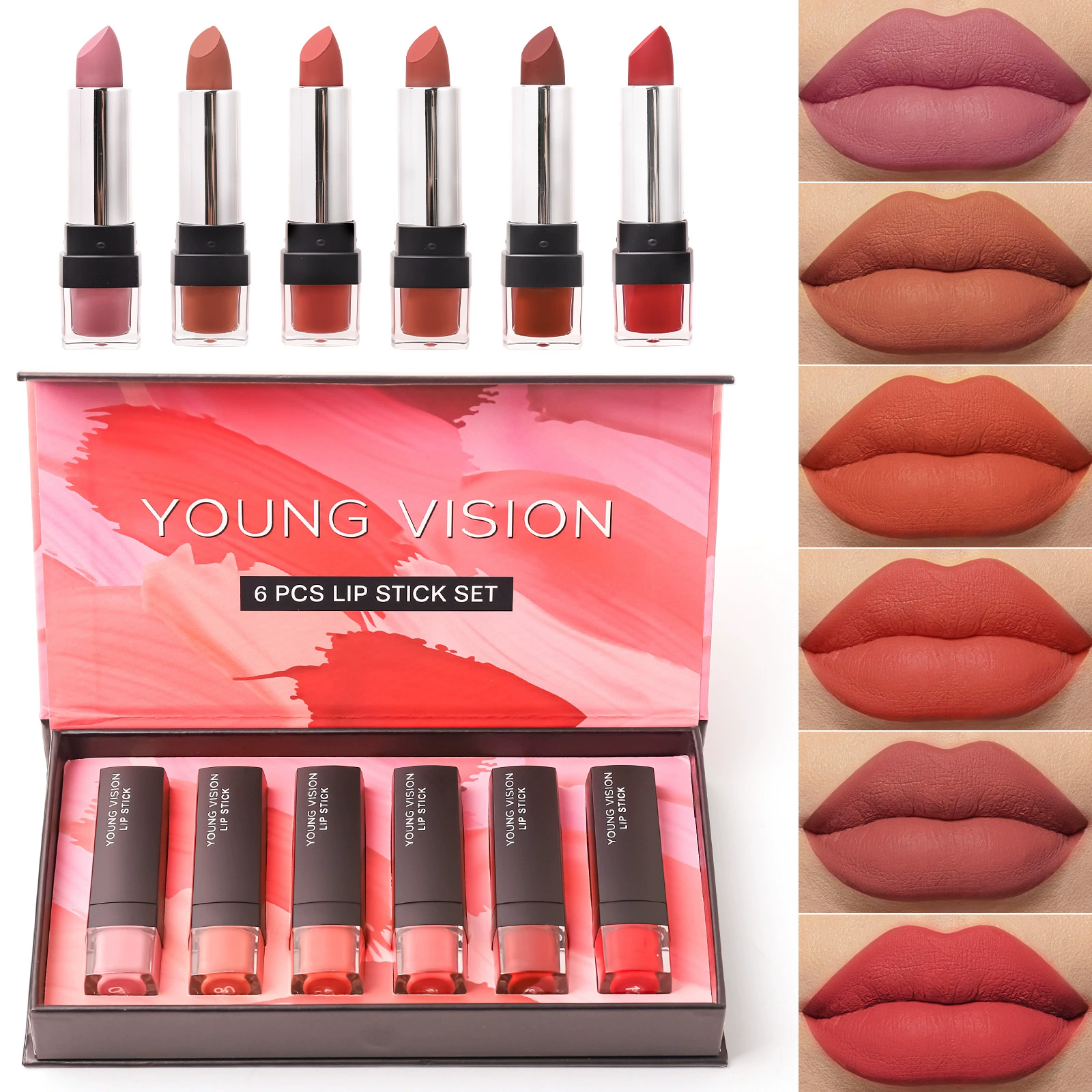 YOUNG VISION Матовая помада, подарочная коробка, бархатный набор, полупрозрачное тенение, 6 штук