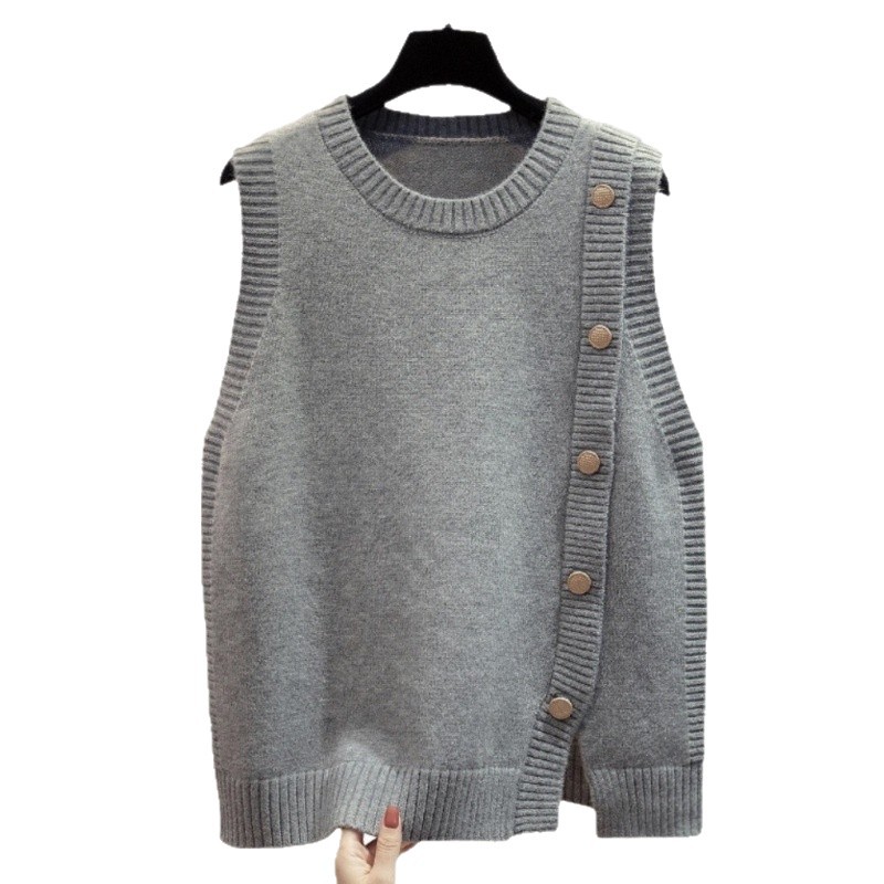 Chaleco de jersey de punto de cuello redondo para mujeres 2024 otoño y invierno nuevo estilo suelto para usar abrazadera de caballo plegada para usar suéter de hombro de moda