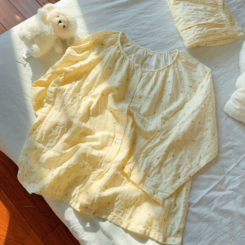 Korean Super Soft Cotton 100 Gauze Pajamas Cotton Double-Layer Gauze Round Neck Long-Sleeved Pants Home Clothes Wholesale