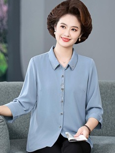 Middle-aged and elderly summer blouse plus size embroidered mother's seven-sleeve top solid color clothes for old people's grandmother's mother-in-law