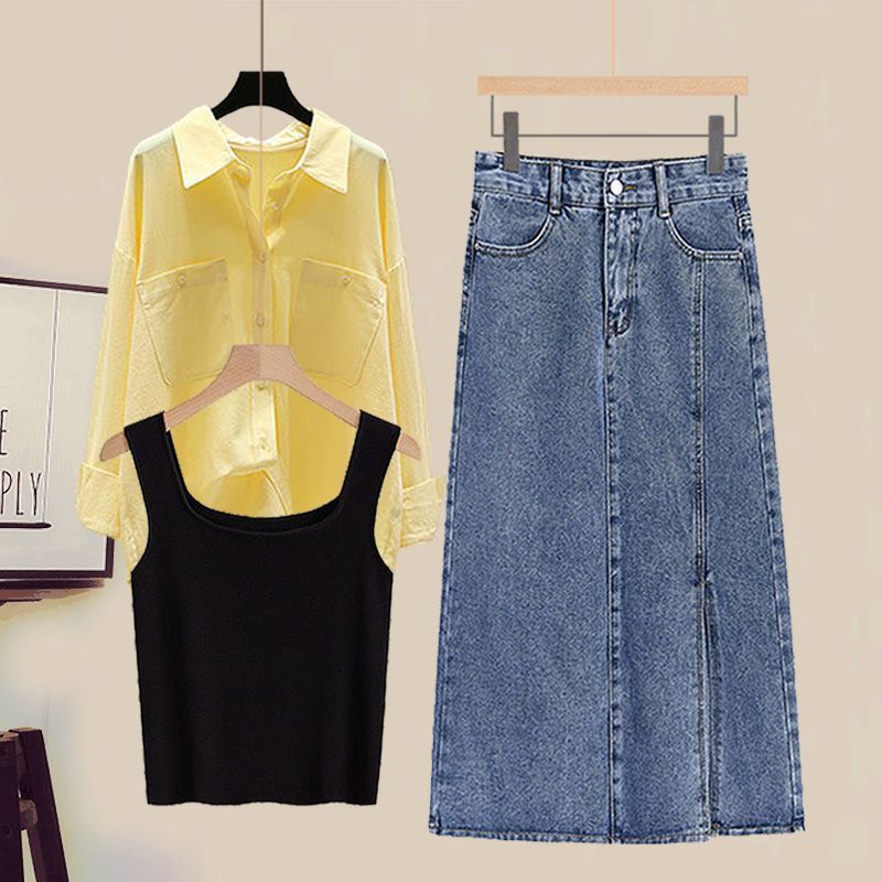 大きいサイズの婦人服の秋の新型のスーツの女性の洋気のシャツのガーターのベストはやせているデニムの半身のスカートの3つのセットのファッションを現します。|undefined