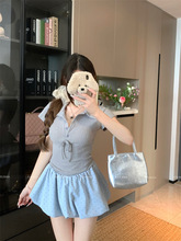 芭蕾风法式POLO领连衣裙女夏季收腰针织拼接花苞裙甜美蓬蓬短裙子