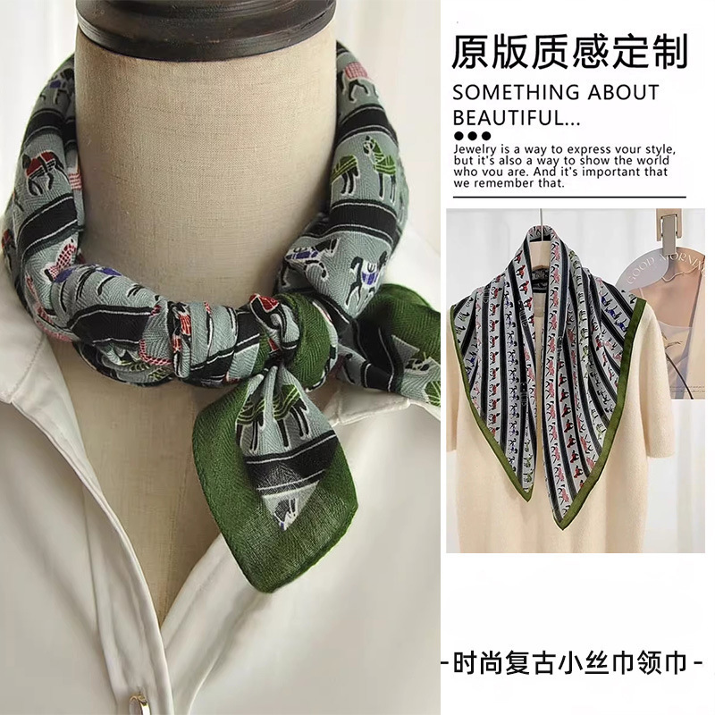 Silk Scarf Small Square Scarf 2025 Velvet Green Pony Scarf Scarf Personalized Elegant Clothing Matchinging Shirt Scarf