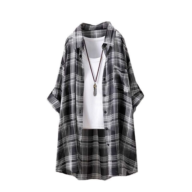 Checkered Extended-Length Long-Sleeved Shirt, Loose-Fitting, Butt-Covering, Sun-Protective Air-Conditioning Shirt for Women, Summer Long Outerwear Cardigan