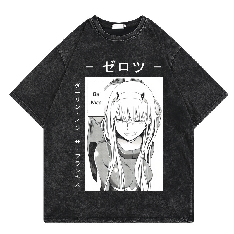 Washed retro T-shirt Street hip-hop animation FranXX cartoon print…