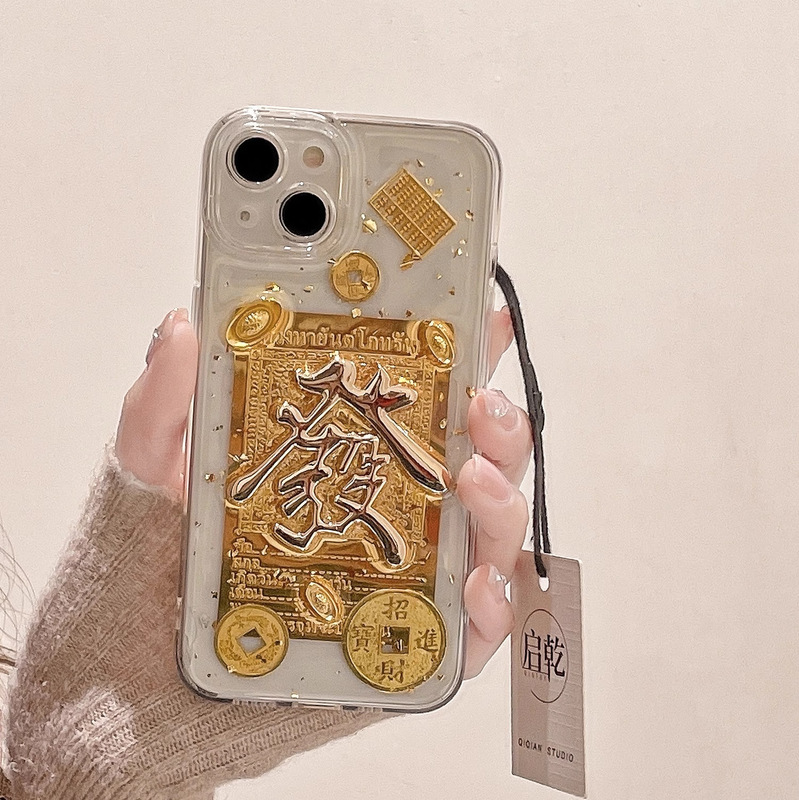 Drop Glue Three-Dimensional Gold Card Fortune iPhone15 for Apple 12 13/14Pro Max Phone Case Drop-Resistant Cover 11