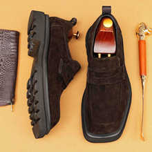 商务休闲皮鞋男款2025新款真皮英伦反绒厚底方头一脚蹬正装乐福鞋