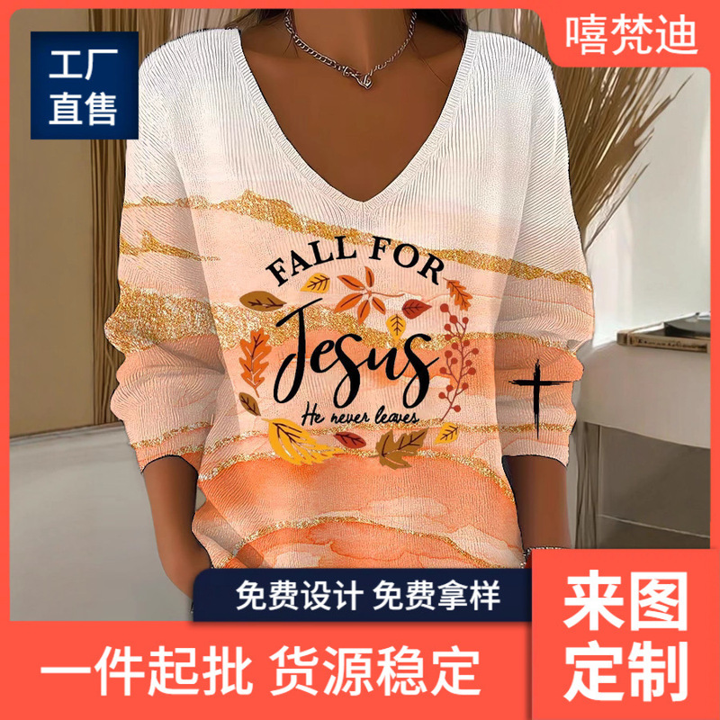 New 3D Digital Printing Fallen Leaves Creative Design High-End Artistic Women's V Neck Off-Shoulder Long-Sleeved Bottoming Shirt T-Shirt