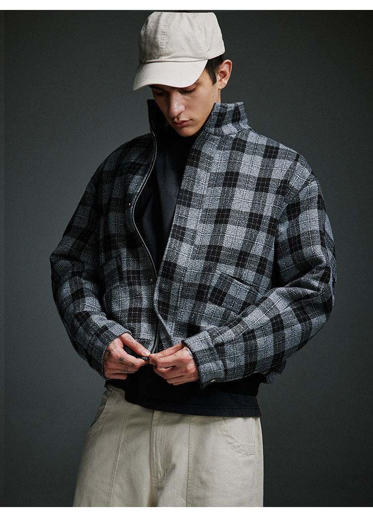 Men's Clothing Retro Stand Collar Plaid Woolen Coat Vintage Design Cotton Coat_voghion.com