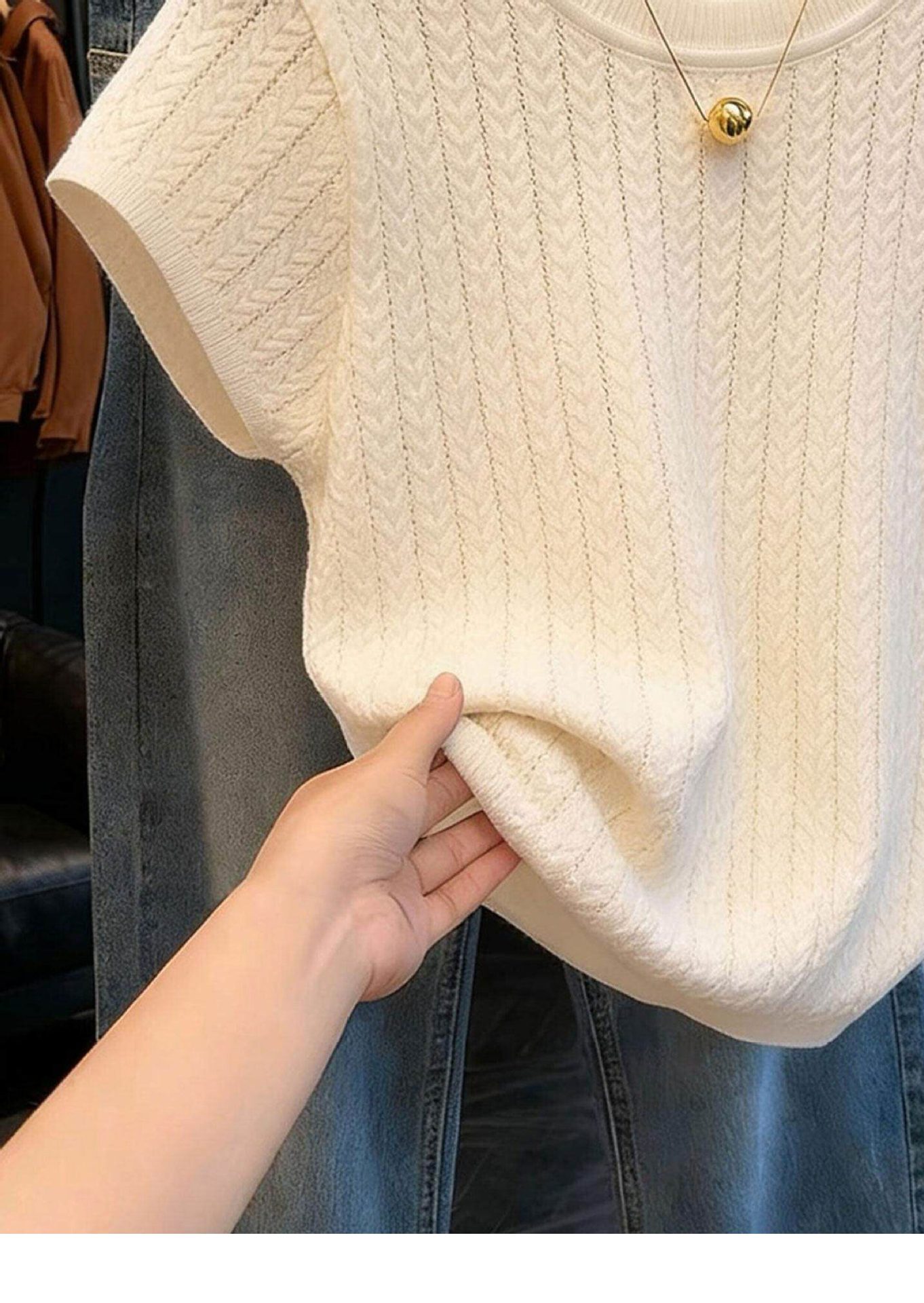 Áo thun tay ngắn dệt kim sợi mát cho nữ, thiết kế cut-out phong cách Pháp — màu đen chi tiết 4
