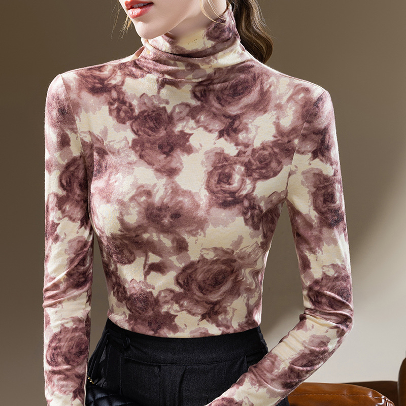 Camisa de fondo de cuello alto para mujer 2023 nueva camiseta de manga larga estampada Vintage para mujer europea temperamento Cintura interior superior ajustada