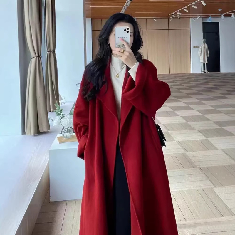 Sicilian Double-Sided Wool Coat with Red Belt, Blazer Collar, Long Woolen Coat for Women, Lazy Style with Regular Shoulders
