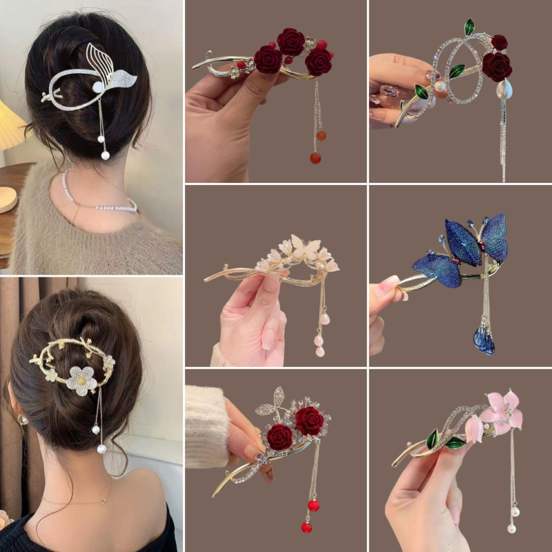 Pearl Diamond-embedded hairpin female word clip five-petal flower pendant back head updo hair clip toothed twisted hairpin headdress