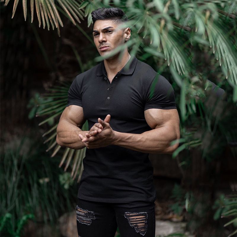 European and American muscle men's sports polo shirt summer lapel short-sleeved T-shirt Men's Fitness tights running training clothes