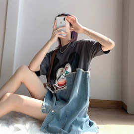 美式复古牛仔拼接纯棉短袖t恤女夏季新款独特别致宽松休闲上衣服