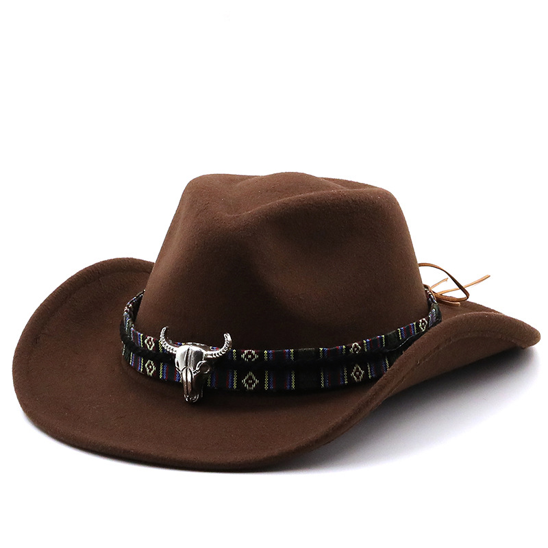 Cross-border hot selling cow head western cowboy hat woolen Jazz hat men and women ethnic style autumn and winter felt hat big brim hat