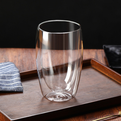 Transparent oval juice milk cup American latte coffee cup, thick double-layer glass cup, high-temperature resistant