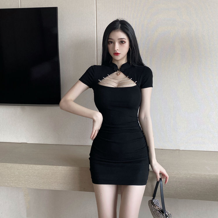 GraceChic 2023 Plus Size Women's Summer Sexy Hollow Out Slim Fit Bodycon Short Cheongsam Modified Dress Trendy_voghion.com