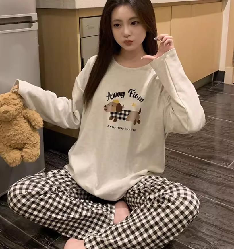 긴팔 그레이 원스타 짧은 다리 강아지 체크무늬 스트레이트 팬츠