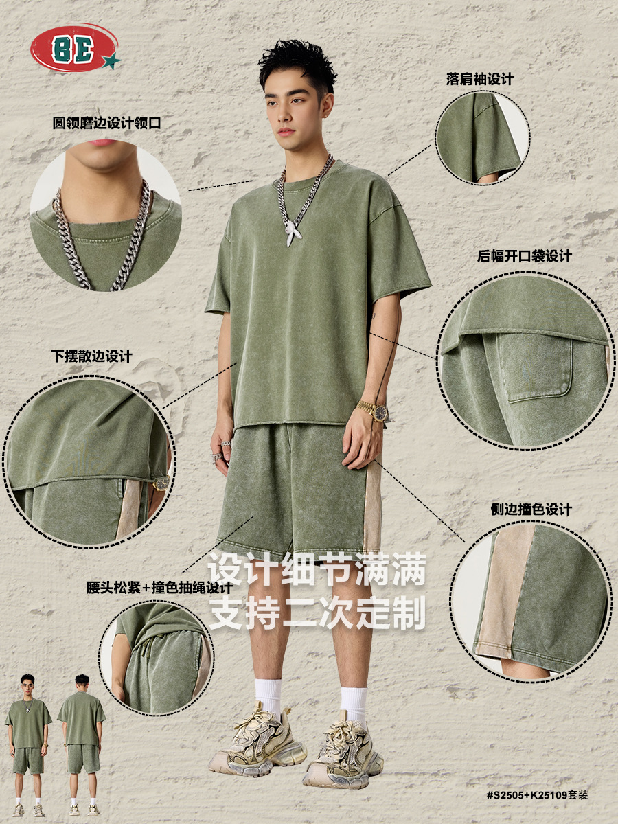 Ropa para Hombre BE | Conjunto de Camiseta de Manga Corta y Pantalones Cortos Deportivos con Bloques de Color y Estilo Retro Americano para Hombre, Verano 2025, Casual y Versátil