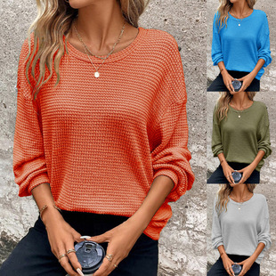 2025 Amazon Cross-Border Autumn and Winter New Waffle Round Neck Off-Shoulder Long-Sleeved Pure Color Loose Sweatshirt Top for Women