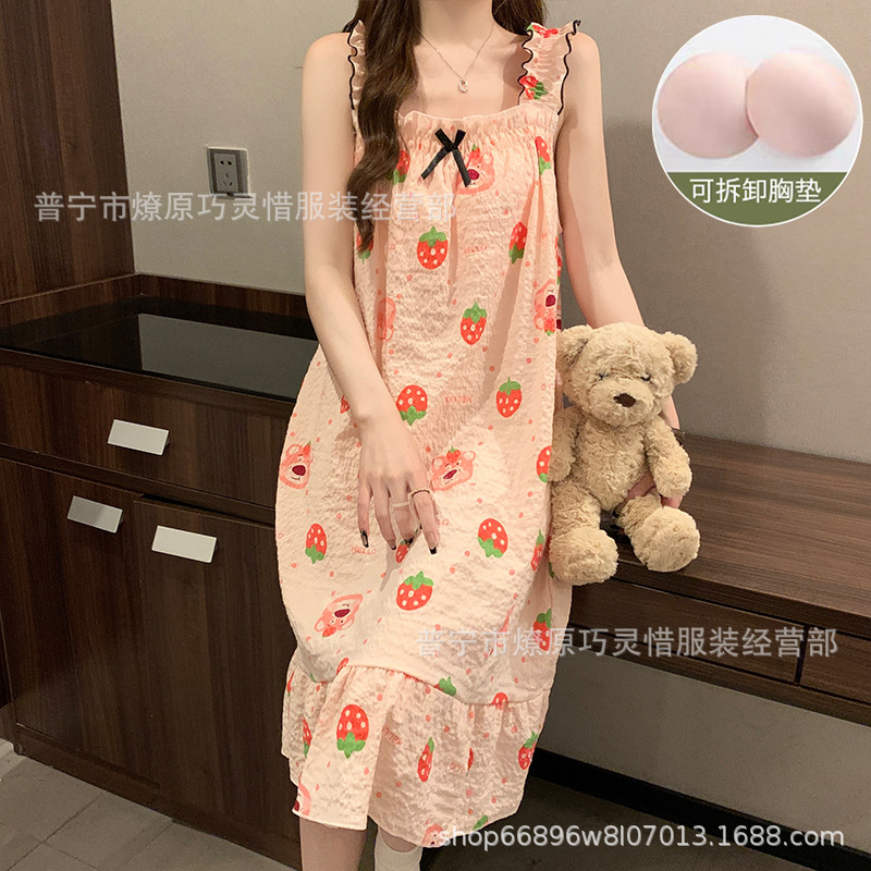 Pijama de cabina para mujeres polvo de cereza de verano algodón trenzado cojín de pecho pijama largo viento rojo de primavera y verano ropa para el hogar