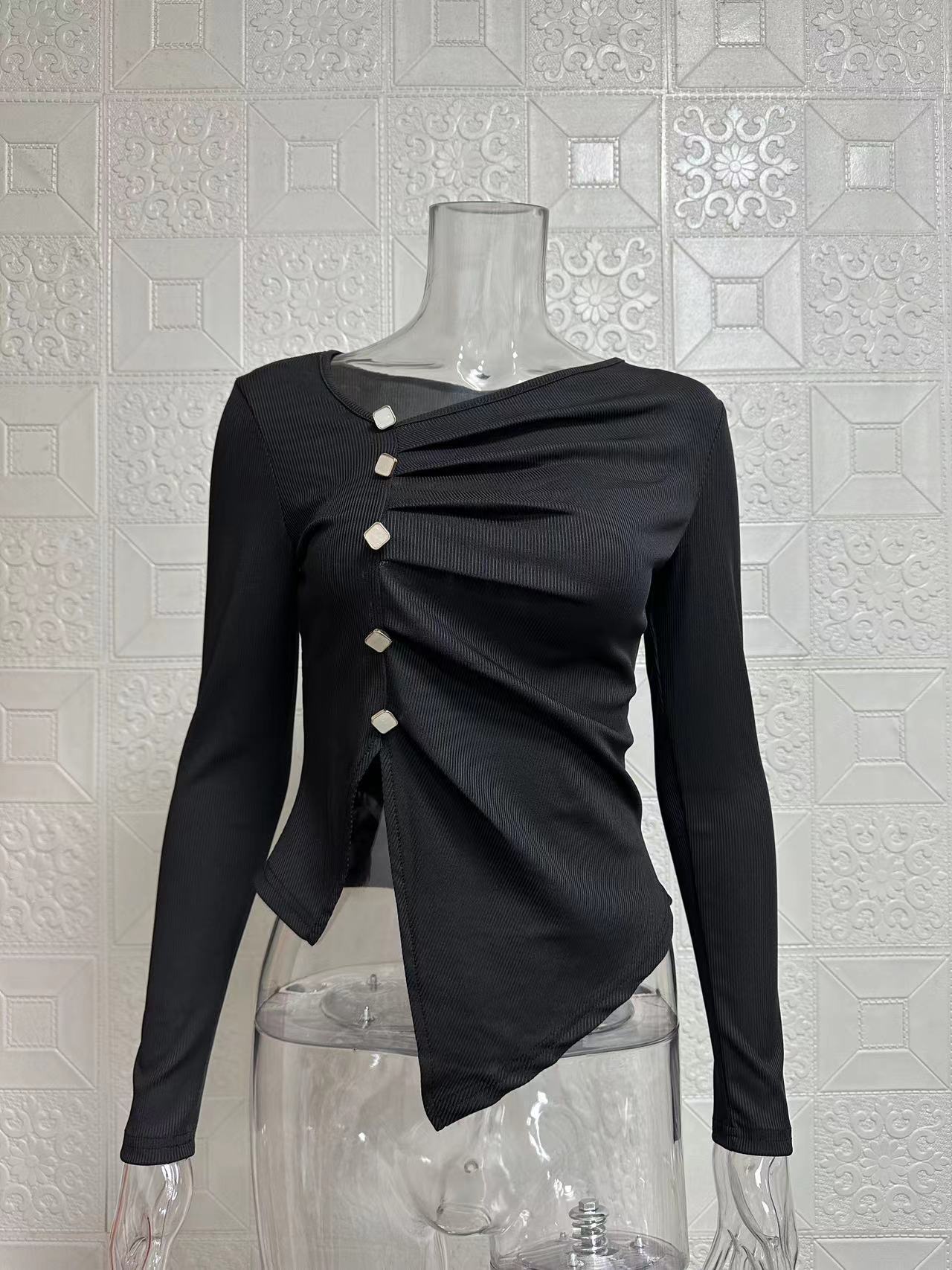 Women's 2024 Spring Autumn Fold Design with Irregular Button Knitted Bottom Shirt and Temperament Top_voghion.com