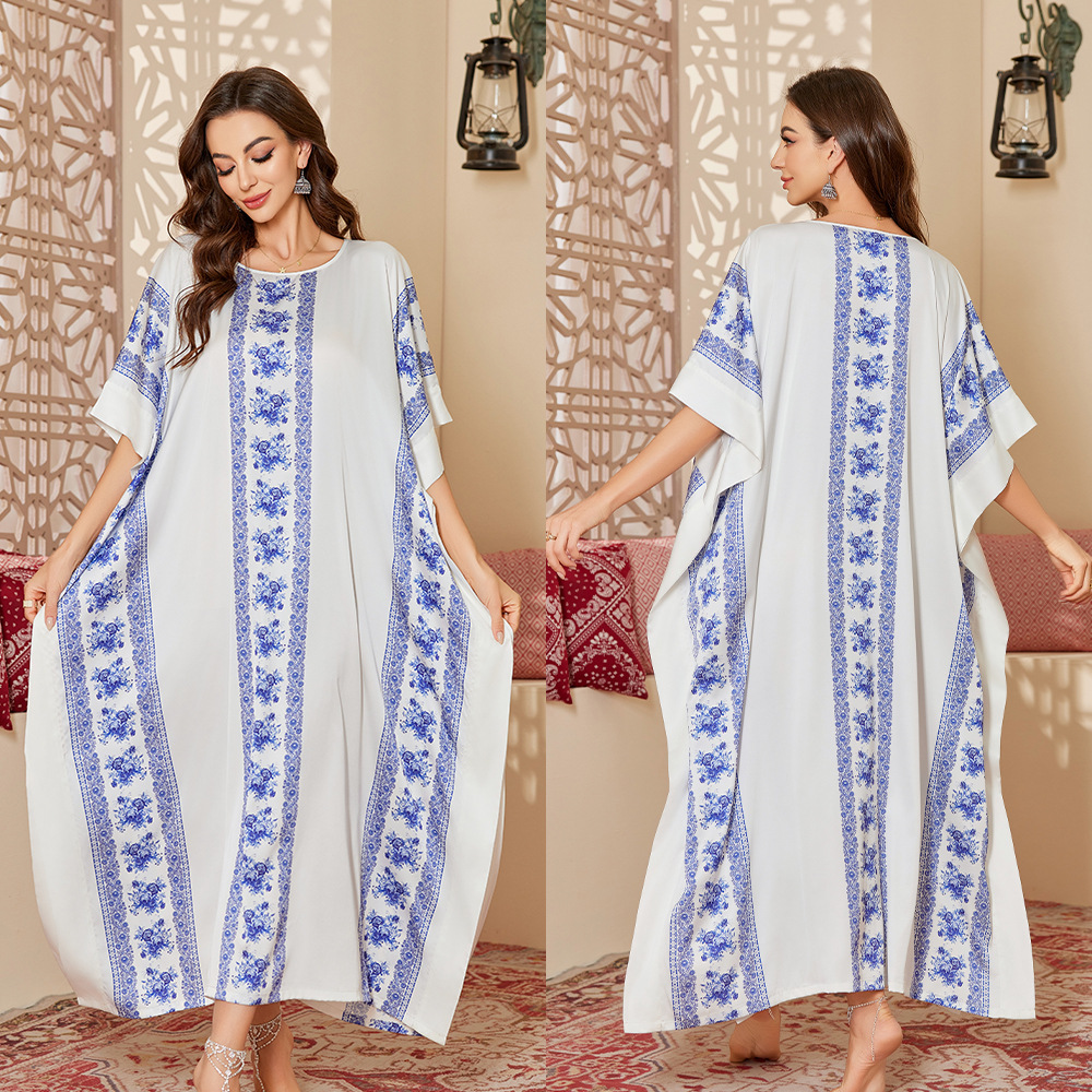 Nuevo pijama de satén de tamaño grande para mujeres de verano medio-oriental suelta gorda camiseta impresa suelta túnica DP3428