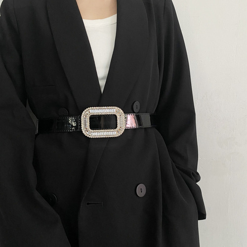 Water Diamond Belt Women Fashion Simple Versatile Decorative Skirt Slimming Belt Match Suit Coat Overcoat Waist Decor Black
