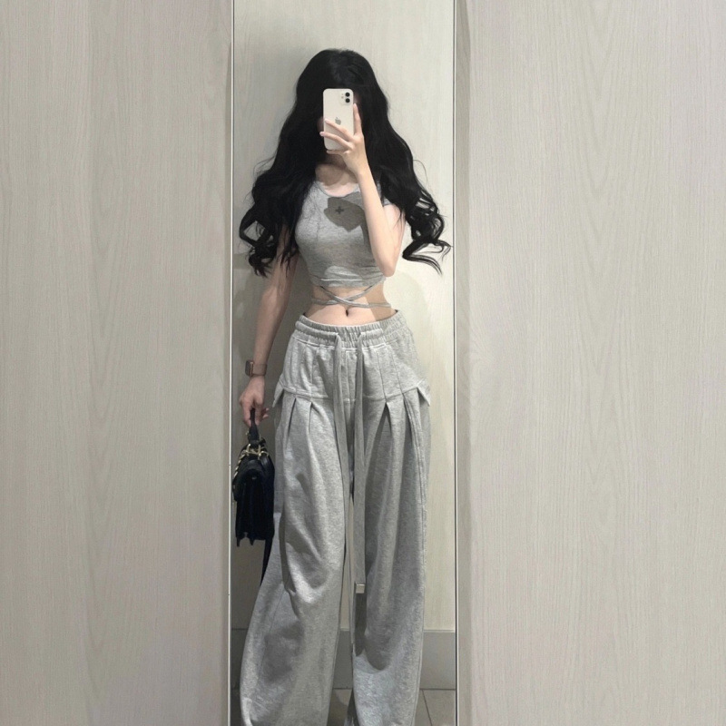 套装女2025夏季新款辣妹短款短袖T恤设计感上衣高腰显瘦阔腿裤ins|undefined
