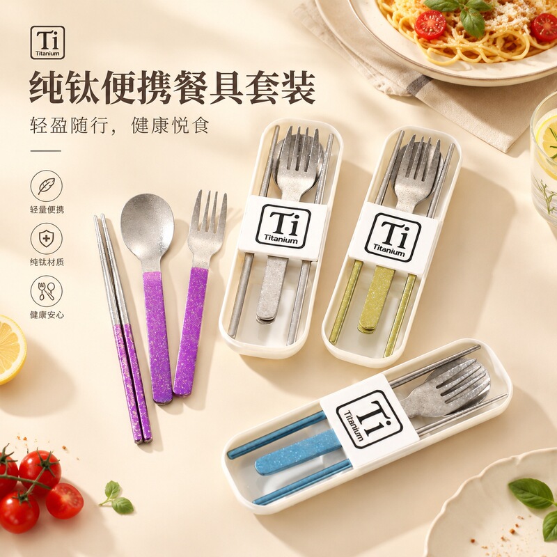 Pure titanium spoon, chopsticks, and cutlery set – a portable three-piece set for students and outdoor use, suitable for office workers, including a fork, spoon, and chopsticks, all in a cutlery box Pure titanium spoon, chopsticks, and cutlery set – a portable three-piece set for students and outdoor use, suitable for office workers, including a fork, spoon, and chopsticks, all in a cutlery box