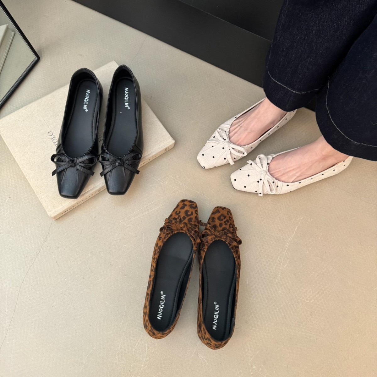 Niche Design, Fashionable and Simple Polka-Dot Thick-Heeled Shoes, French Retro Bow-Knot Ballet Shoes, Versatile